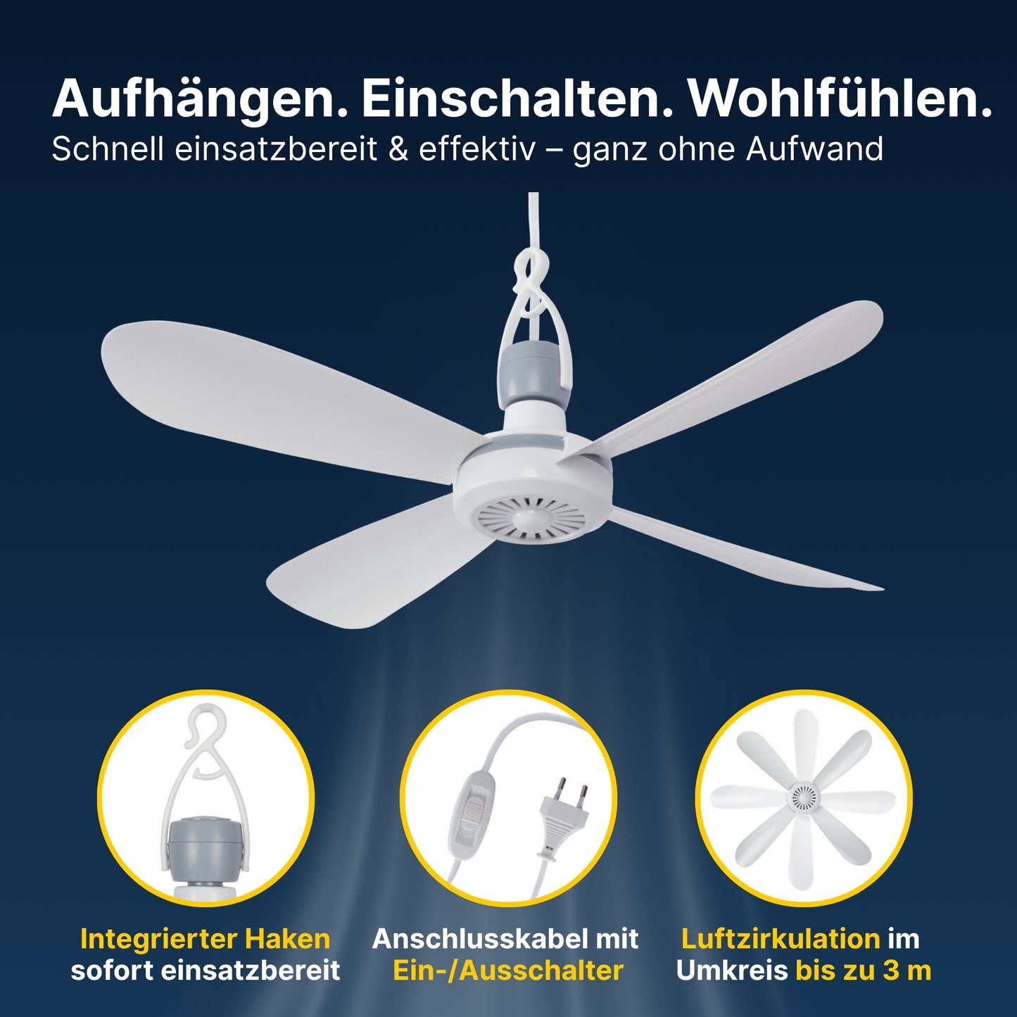 Mobiler Deckenventilator mit Anschlusskabel, leise, Ø40 cm