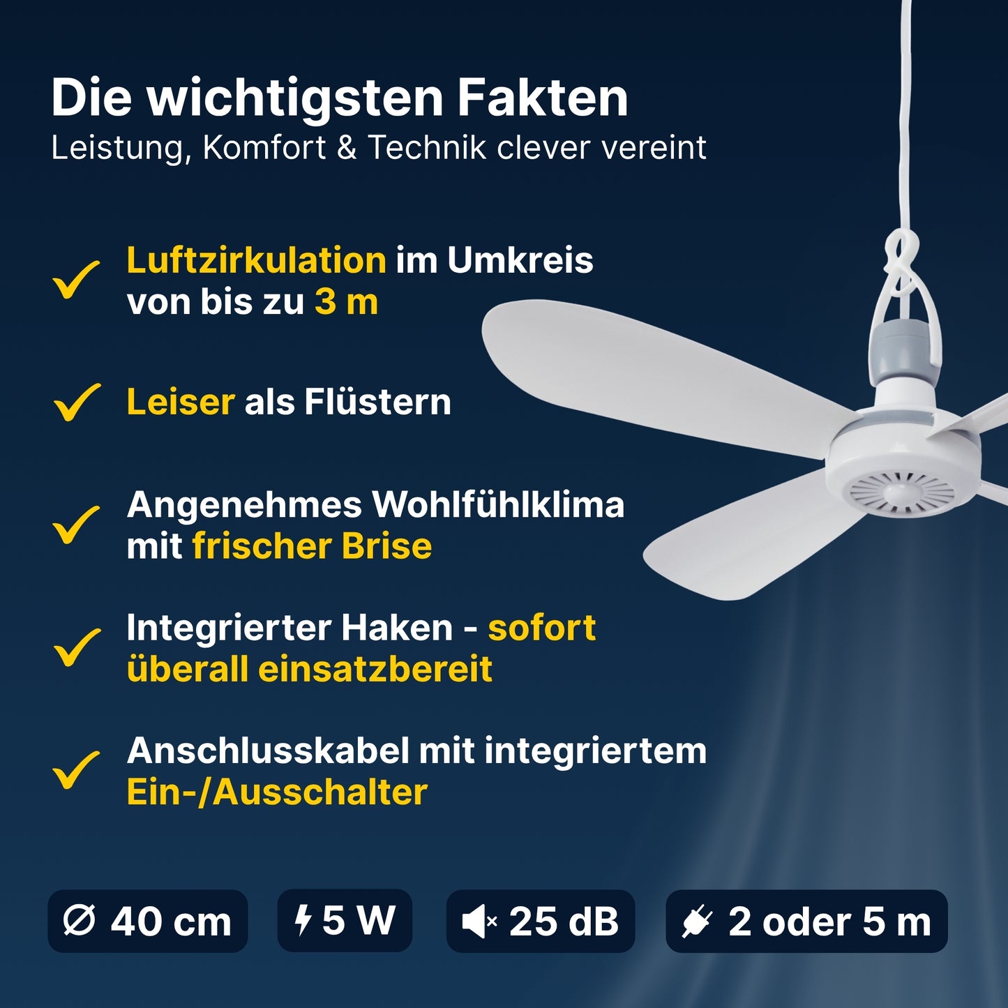 Mobiler Deckenventilator mit Anschlusskabel, leise, Ø40 cm